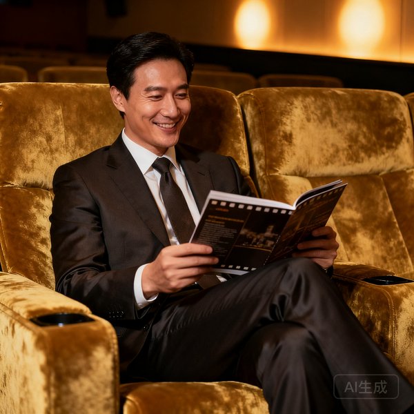 一位身着深色西装的企业高管男士坐在贵宾厅休息区的天鹅绒沙发上翻阅电影手册，面带满意微笑，背景可见柔和的暖色壁灯光晕